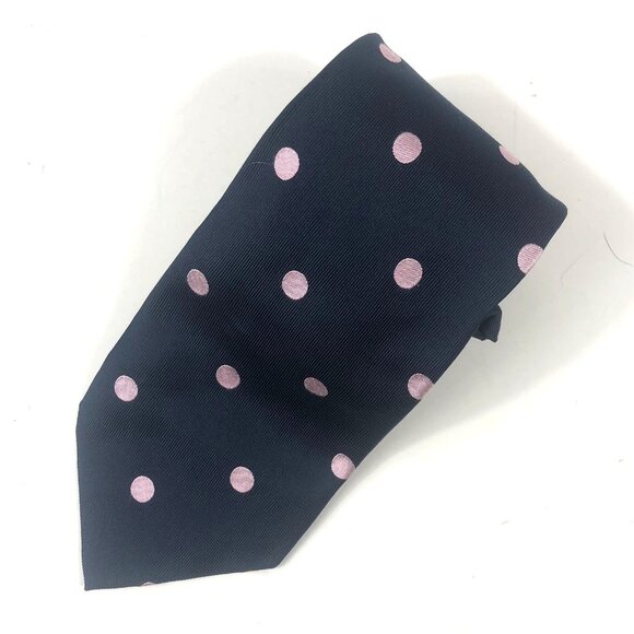 Lands End Navy Blue with Pink Polka Dot Silk Neck Tie Designer Handsewn - Picture 1 of 5